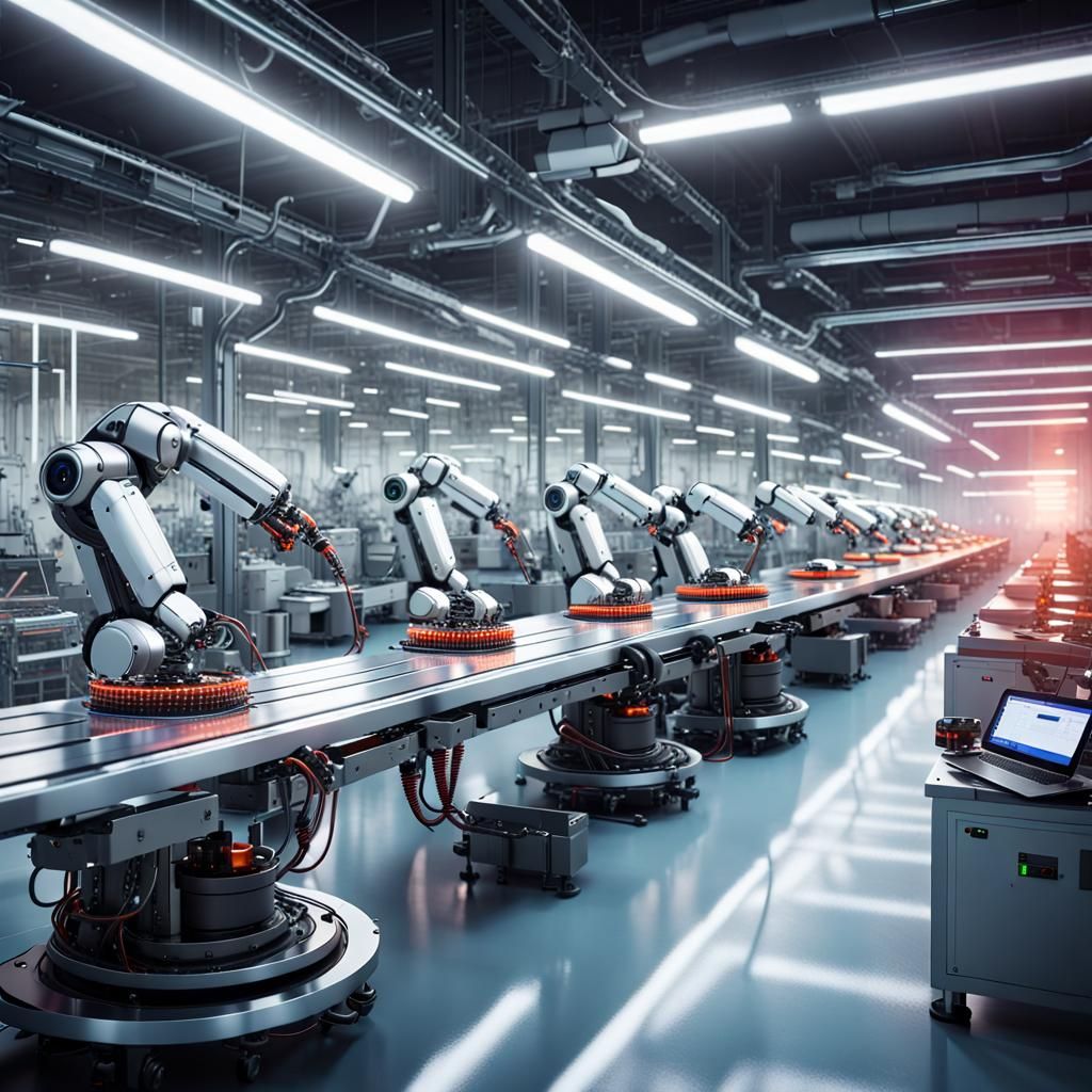 A scene in a high-tech, futuristic factory where a sentient ...