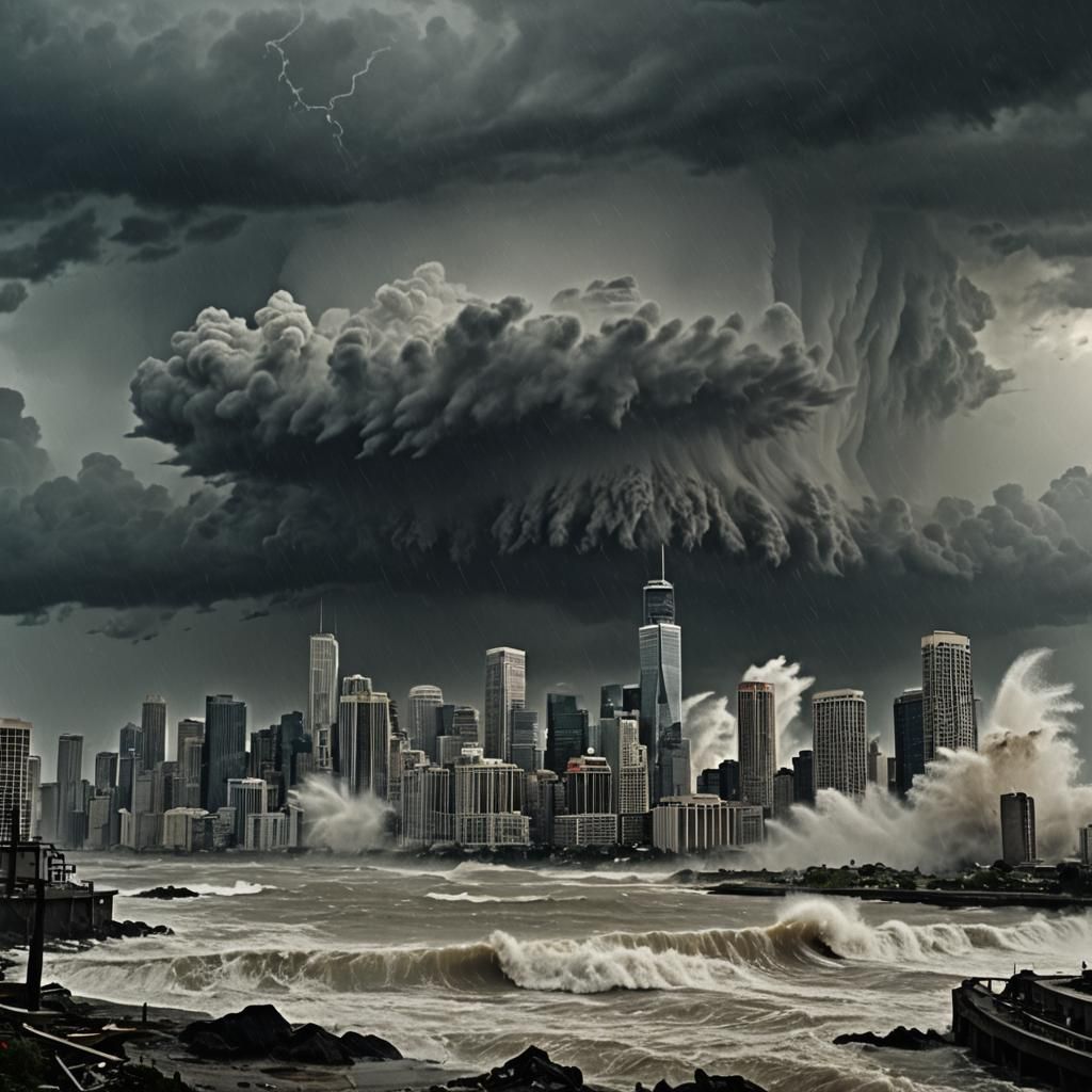 "A tempestuous hurricane raging over a coastal city, with skyscrapers swaying and debris swirling through the air under dark, swirling cloud...