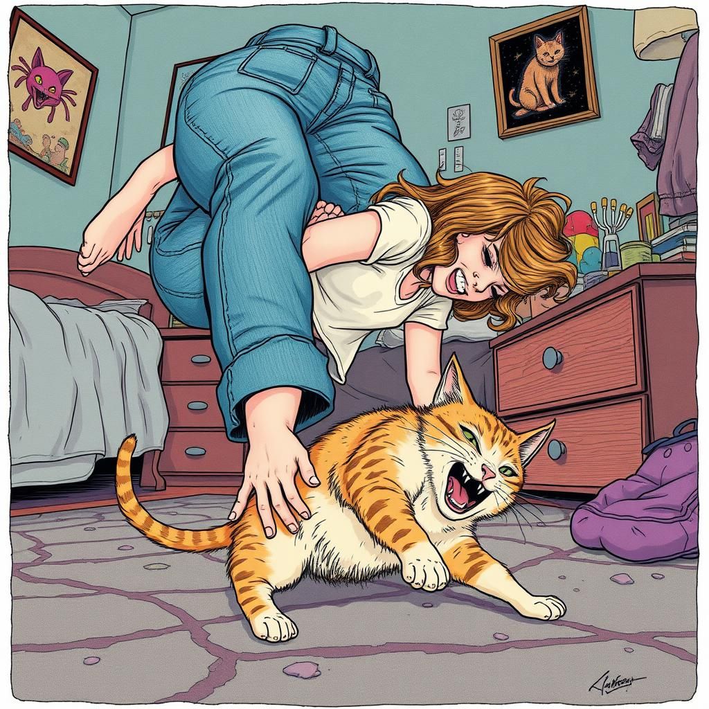 Teenager in jeans tripping over her cat (Art Fail)  by @forge4ward