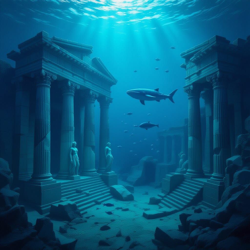 "A breathtakingly realistic and moody digital painting of a vast, submerged ancient city resting on the deep ocean floor. The architecture i...
