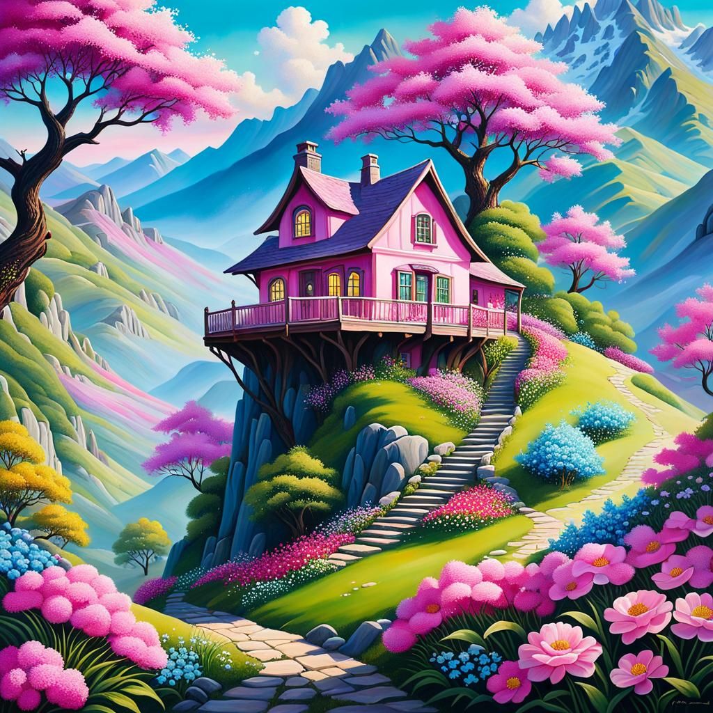 a painting of a house in the mountains with a tree and flowe...