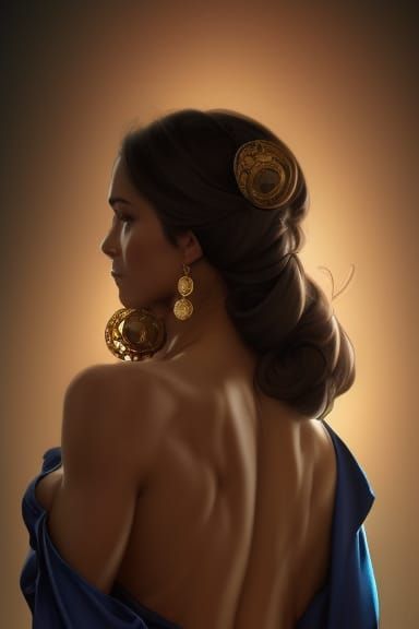 silk robe, ornamental expensive earings, muscular, strong, p...