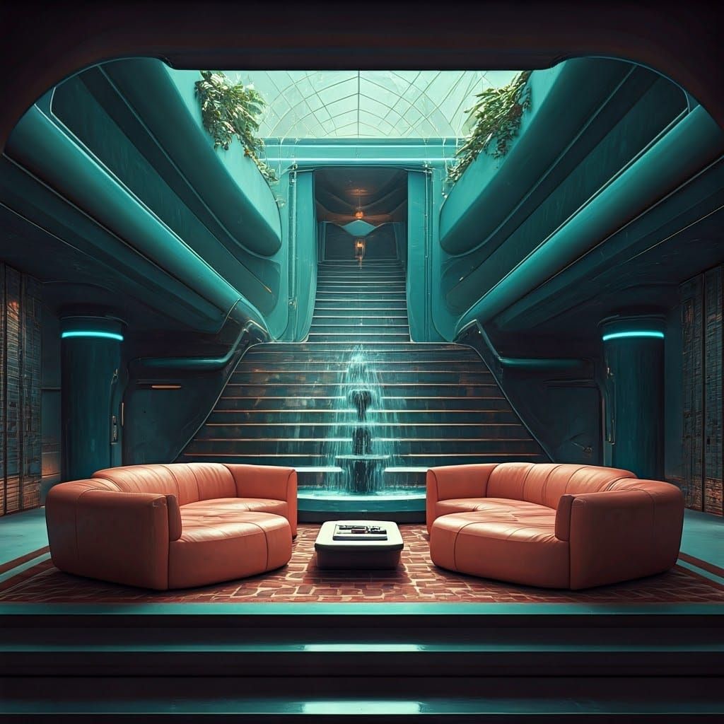 Sea-foam, salmon and navy coloured modern architecture space Age styled combined with boho chic styled luxury living room with scenographic...