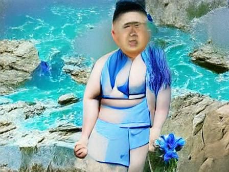 Kim jong UN posing in a blue bikini