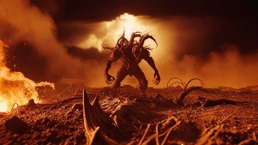 Horrifying evil demon with terrifying orange clouded sky like a horrible disaster just struck and literally ravaged the ...