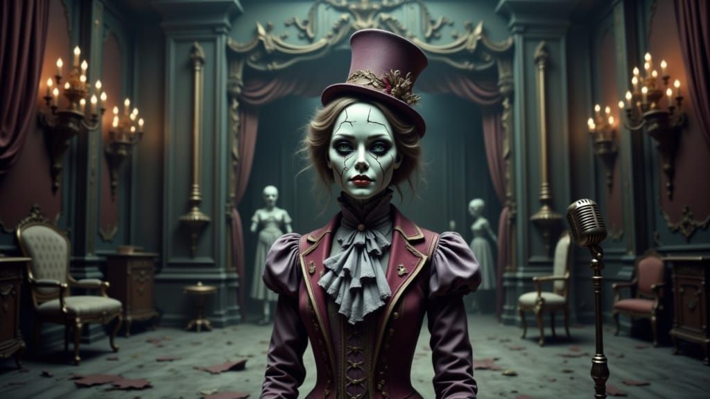 Sinister Joker Puppet in Decaying Grand Theater