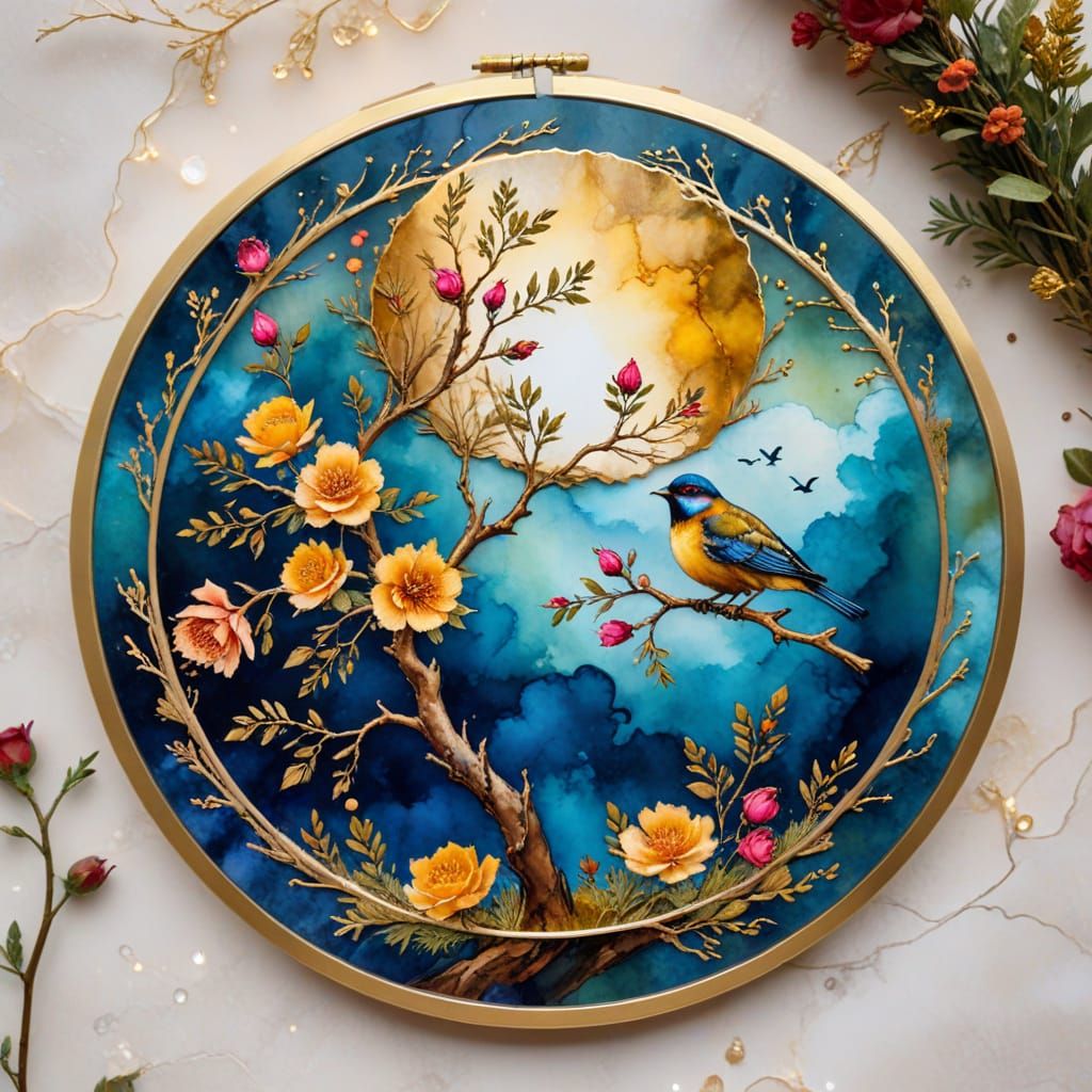 alcohol ink art blue, tint, Circular design of clouds, yellow-Moss Rose flowers, and a tree with a bird sitting on a twisted branch, Surroun...