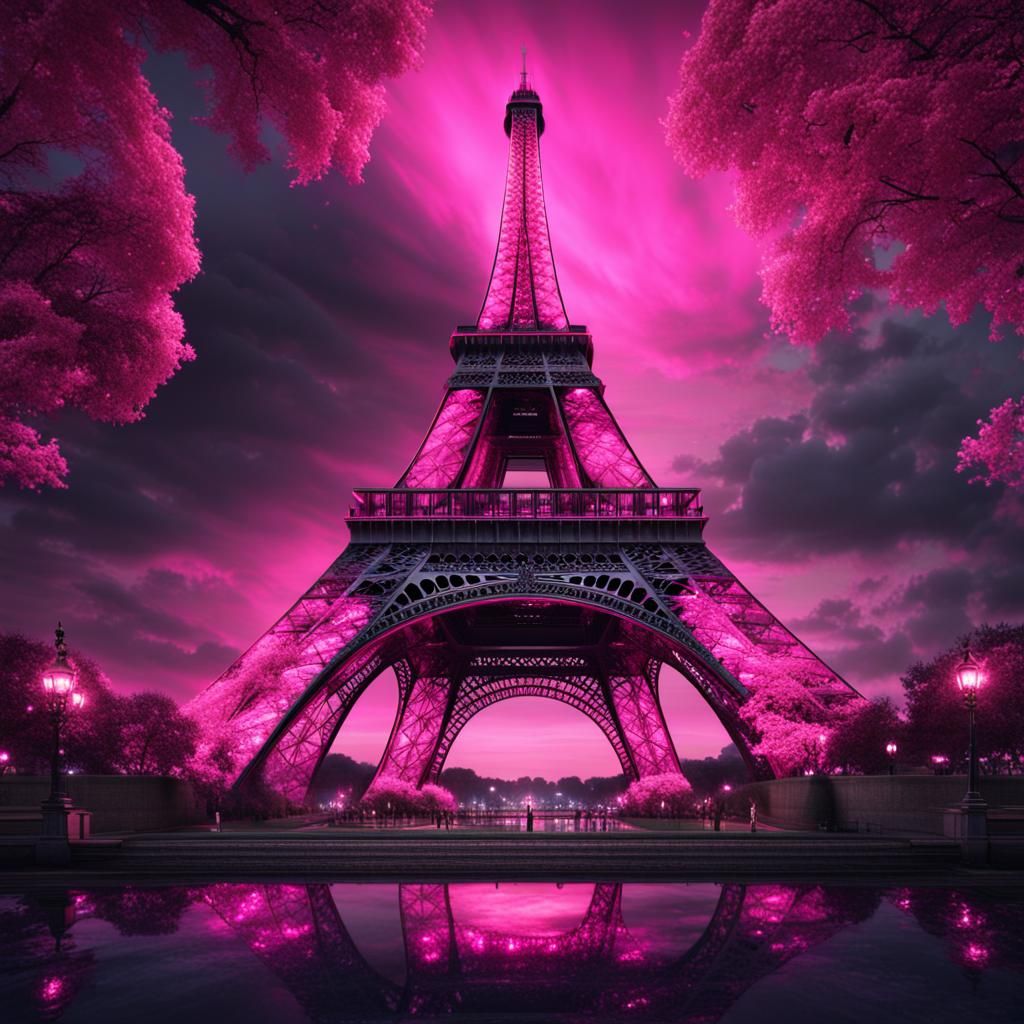 The Eiffel Tower lit up with pink lights