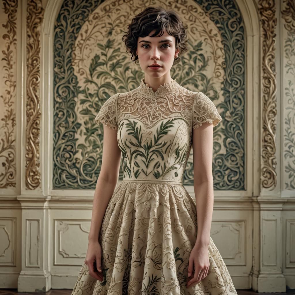 She wears a long cream dress with short sleeves that looks l...