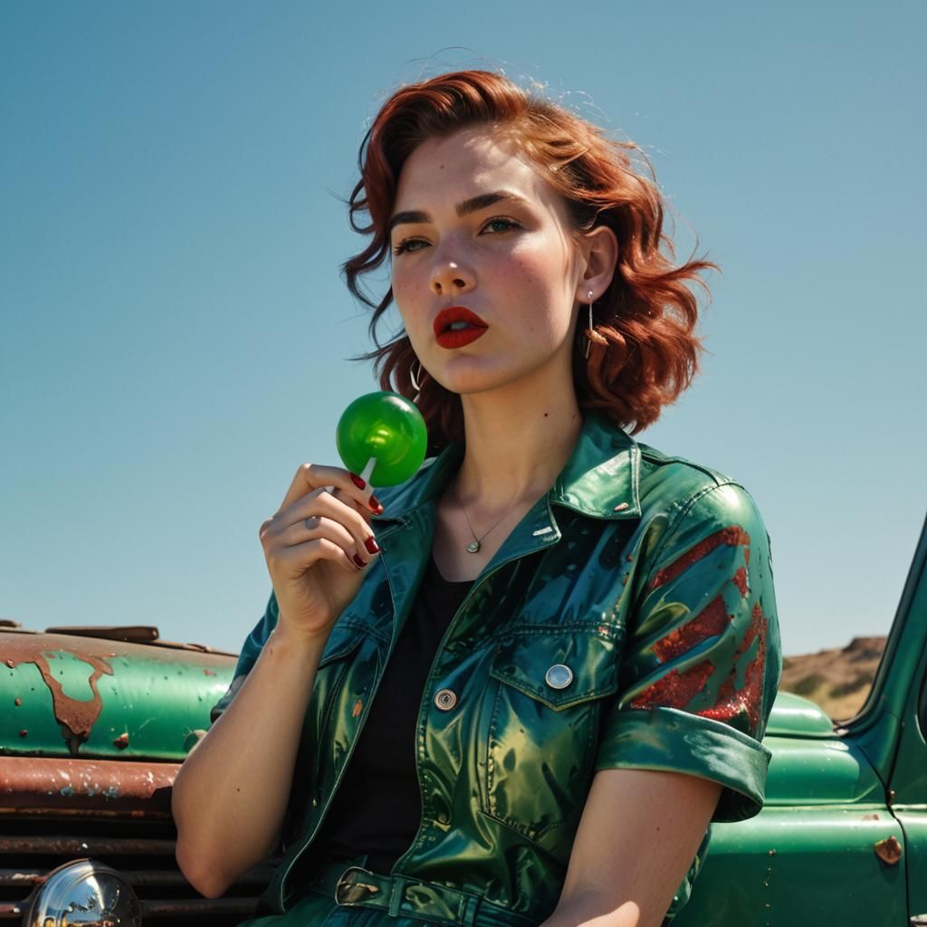 Woman with red lips licks a giant green translucent lolly pop.  She's wearing a form fitting blue mechanic jumpsuit.  She's sitting on top o...