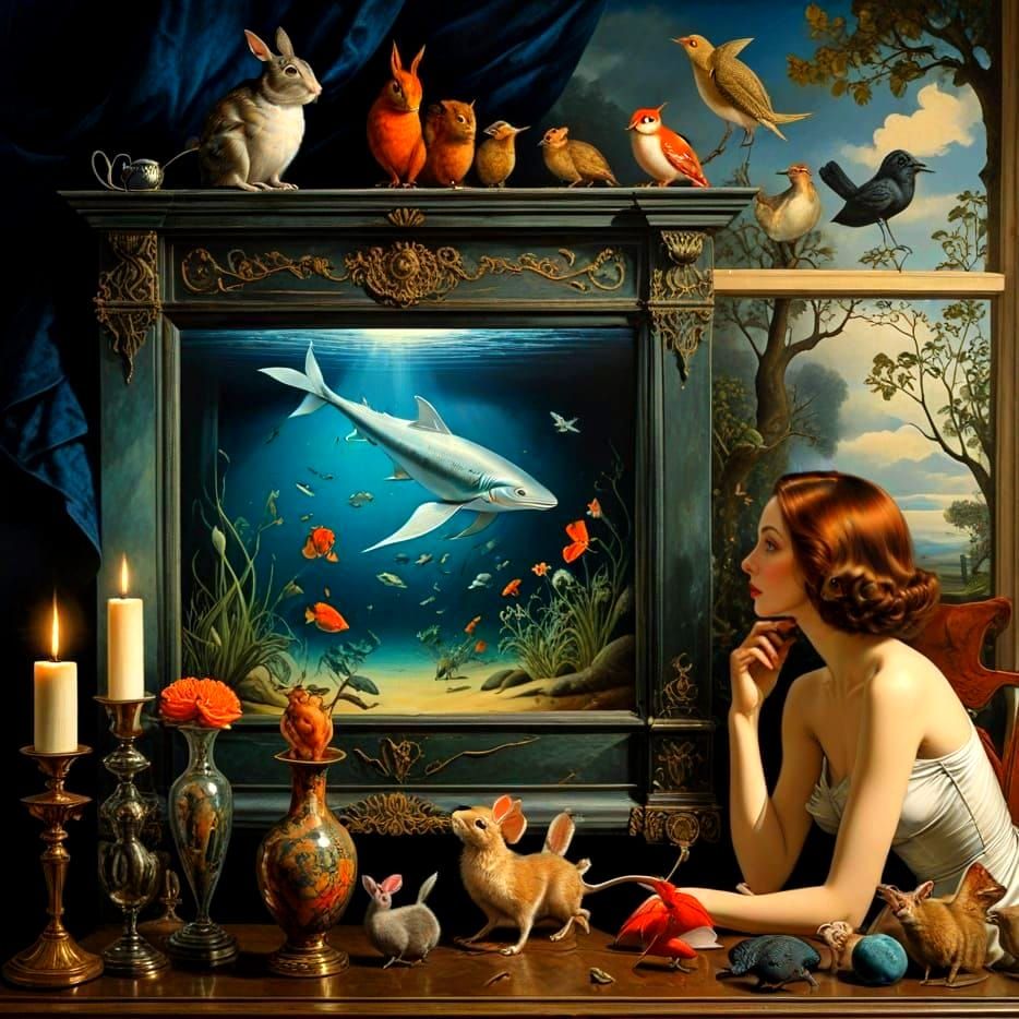 Elegant Lady Surrounded by Whimsical Creatures in a Vibrant ...