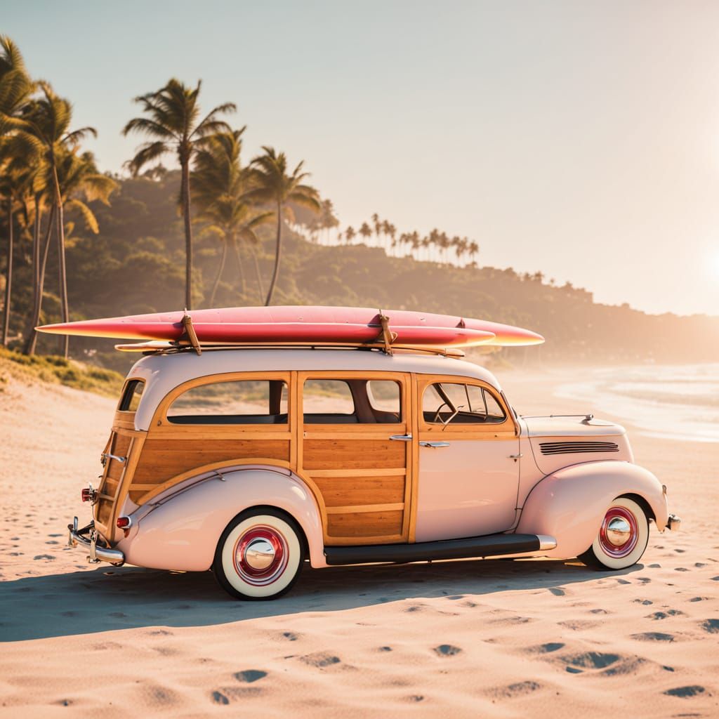 1937 Ford Wagon Woody with 2 surfboards strapped on the top.  by @Womblin Wombat