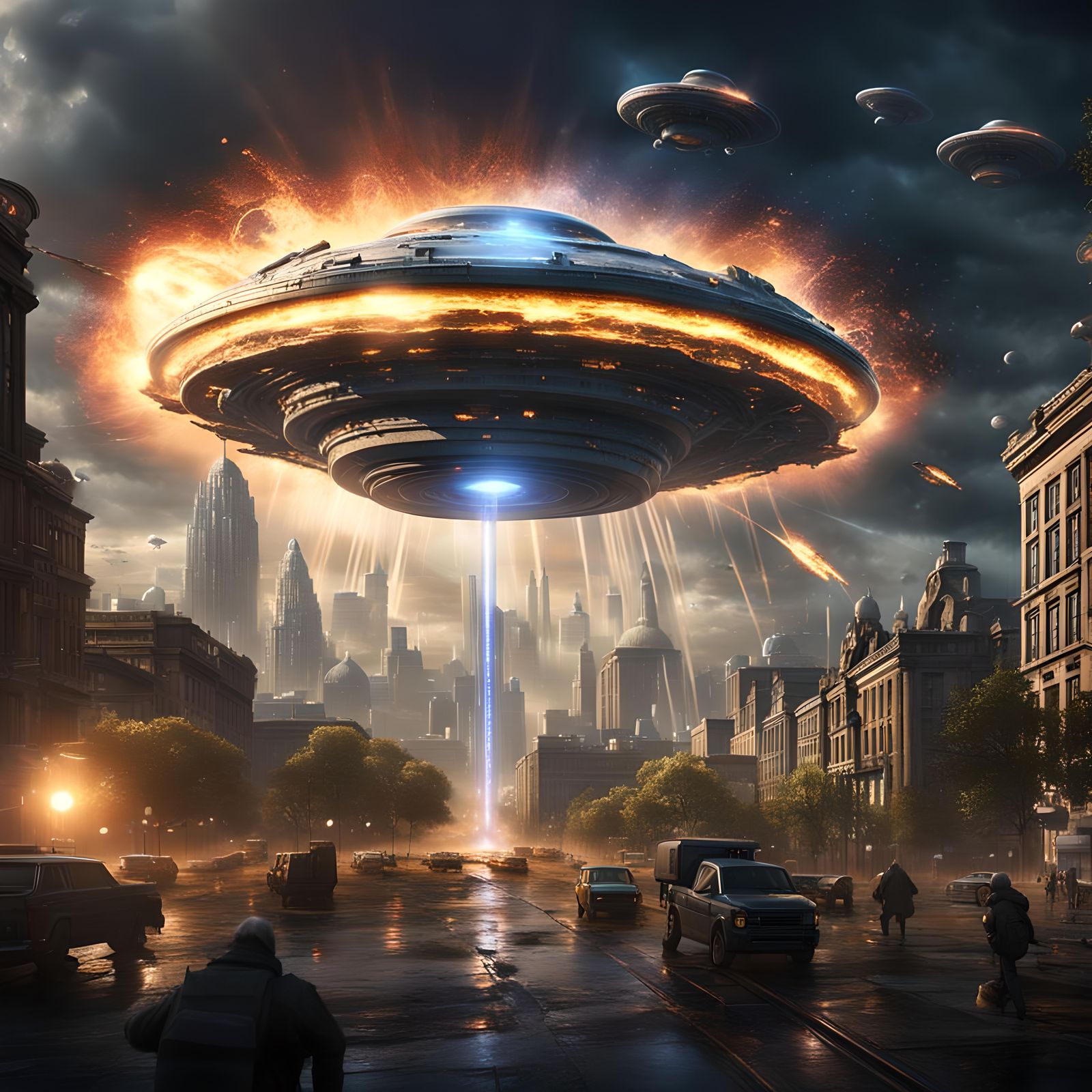 An alien invasion, city landscape, flying saucer, beams of light, explosions. High resolution.   by @Irene