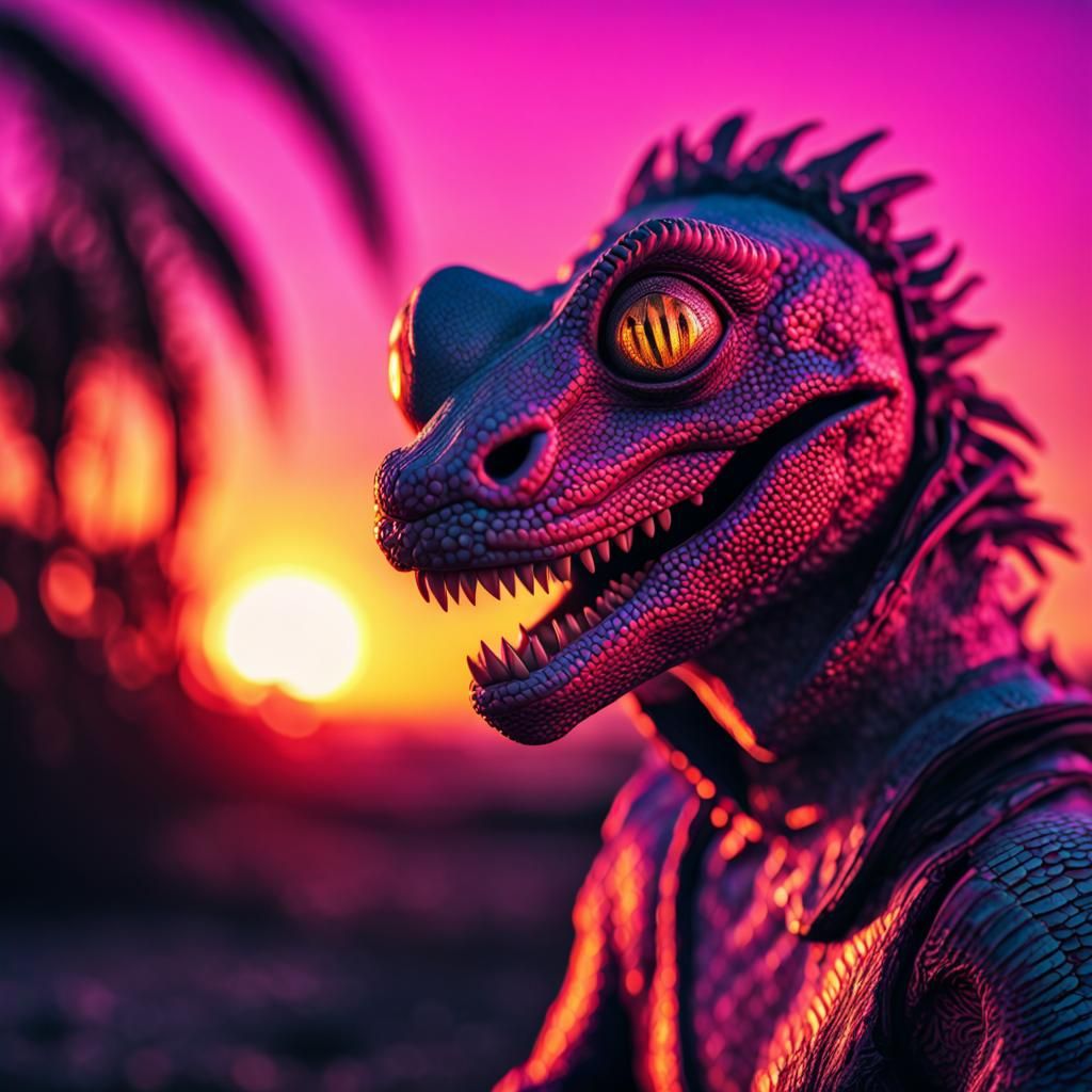 Lizard person looking into the distant sunset, smiling with ...