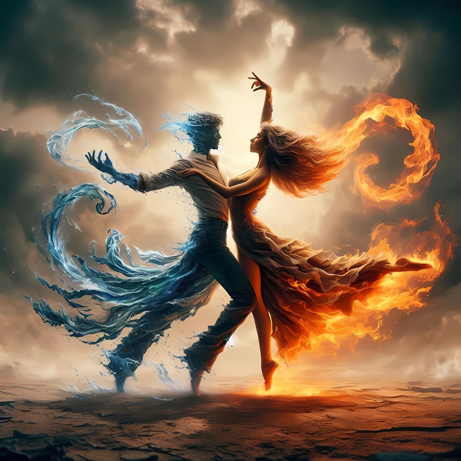 Dancing couple of water and fire in the wind on earth ground