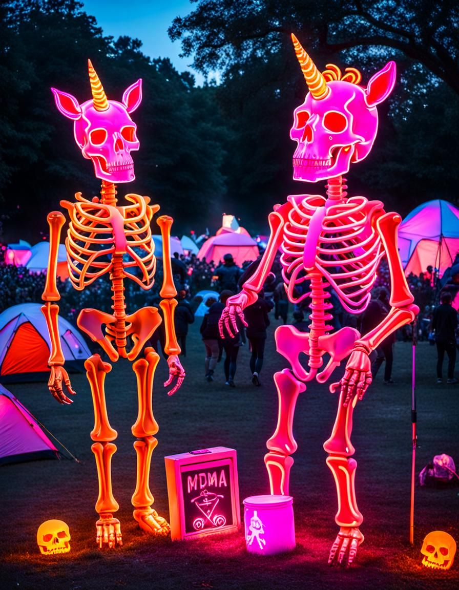 MDMA neon orange pink skeleton unicorn encampment protest "M...
