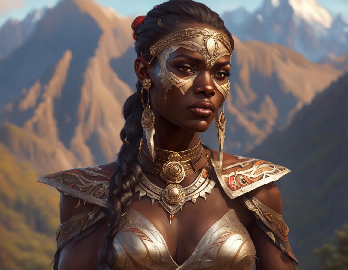 Golden eyed vampiric Dark skin warrior goddess with tribal p...