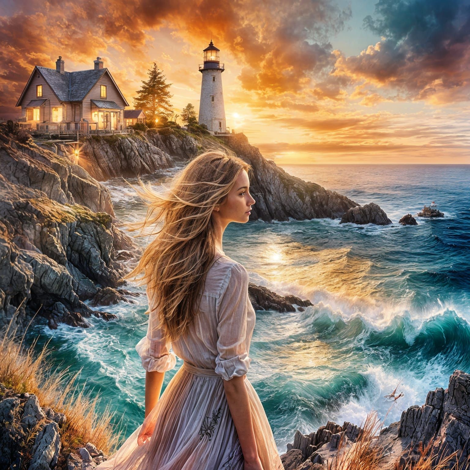 A lighthouse stands at the end of a cliff. A cottage in the forefront. Double exposure <lora:Double Exposure:1.0> ...  by @Oma