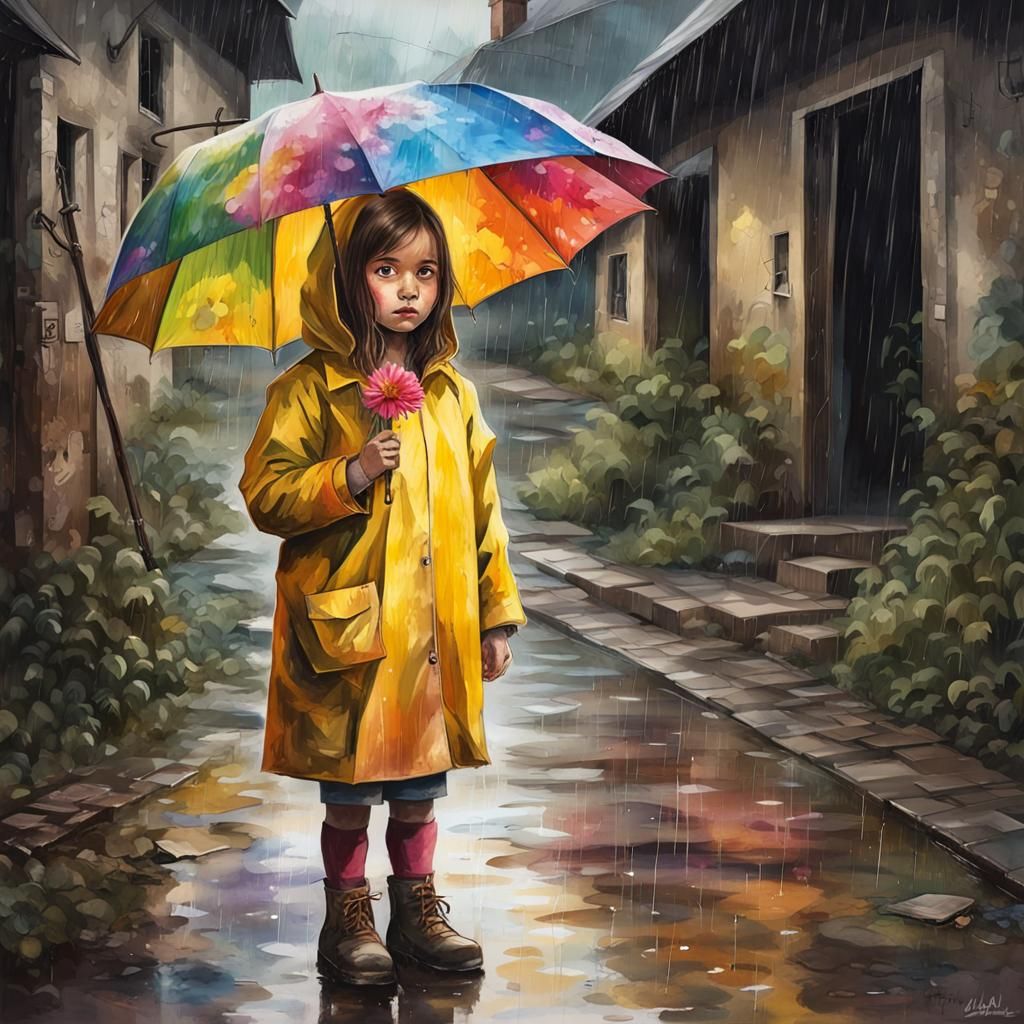 Masterpiece,Darkwatercolours,Rain pouring down in the street...