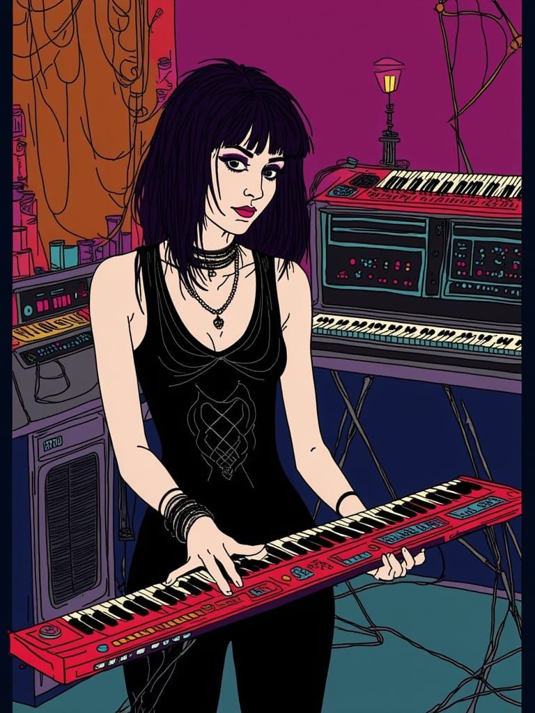 MTV cartoon of a gothic industrial female synthesizer player <lora:PXSketchFlux:1.0>