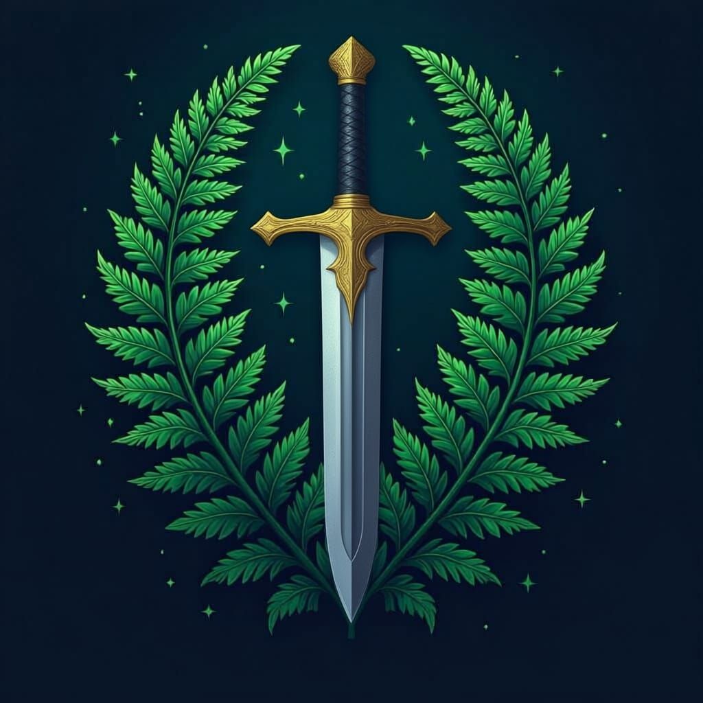 a fern and an excalibur sword srossed tio form a logo
