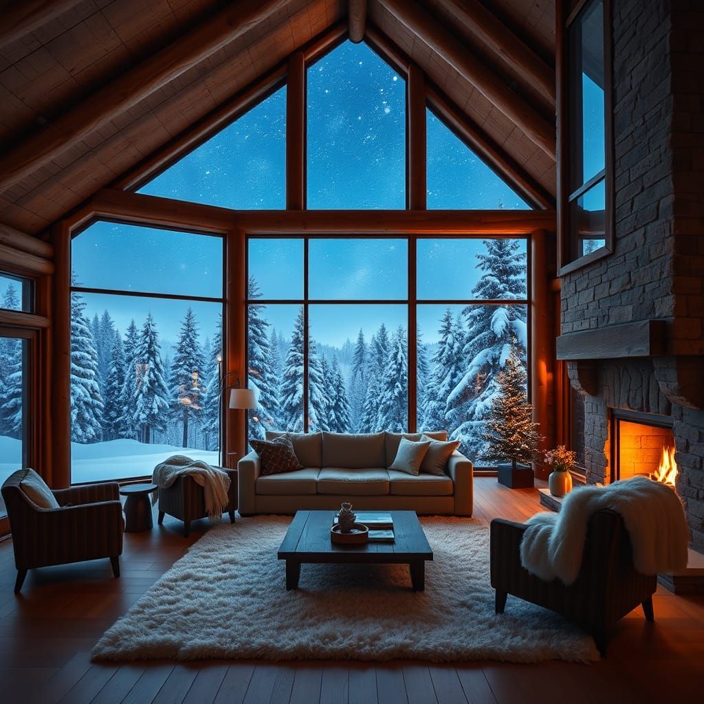 The interior of a cozy chalet-style house with huge panoramic windows overlooking snow-covered fir trees ...  by @Julia