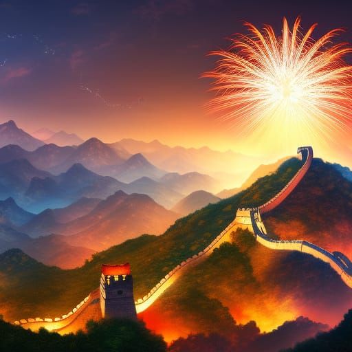 Fireworks over great wall of china