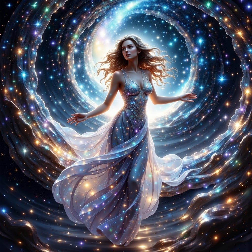 <lora:Cosmic Spiced:1.0> <lora:Exquisite Flux:1.0> a beautiful picture of a woman floating through space as if a goddess inside a black hole