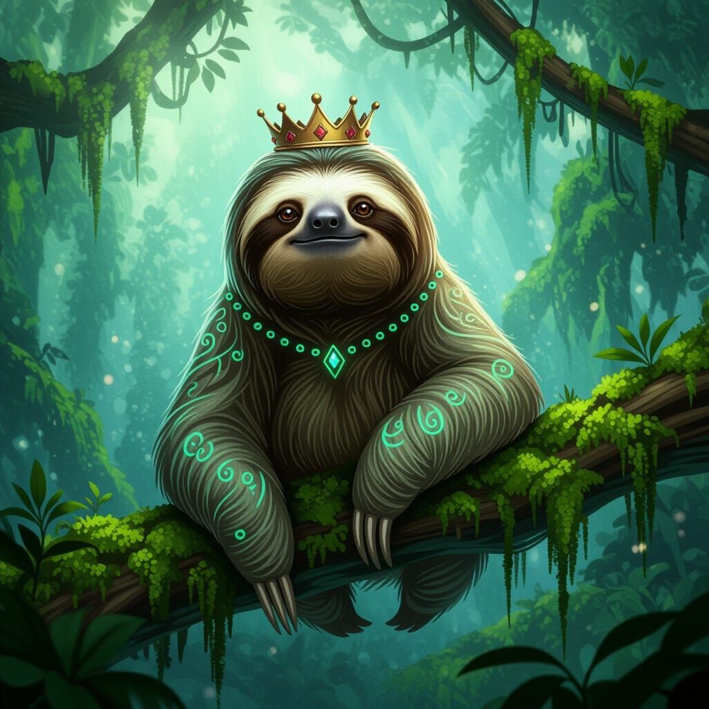 A wise, ancient sloth wearing a small, ornate crown, perched regally on a moss-covered branch in a mystical, ...  by @Bella