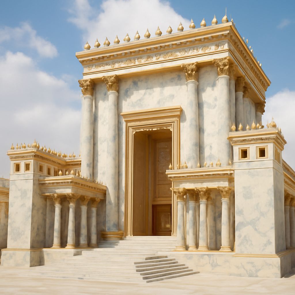 Temple in Cream Marble with Blue Veins and Gold Accents