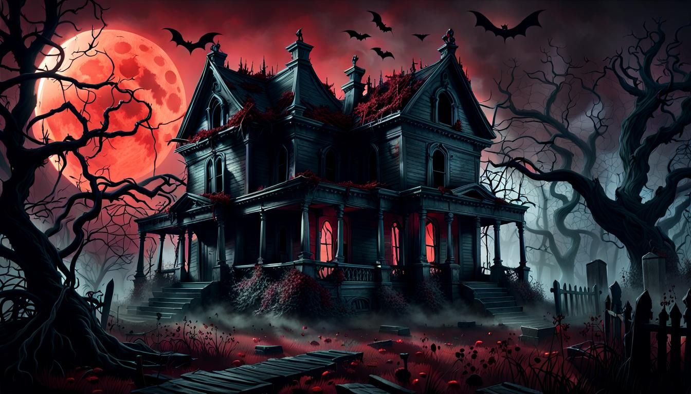 A creepy, overgrown, abandoned house with a spooky graveyard and misty surroundings  by @Alan