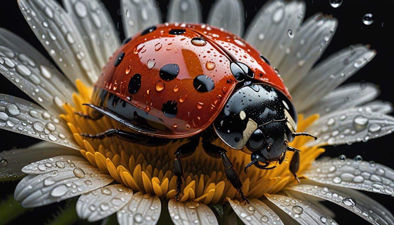 A high-definition image of a rainy scenery where a ladybug is under a colorful daisy flower, soaking ...  by @Carlos