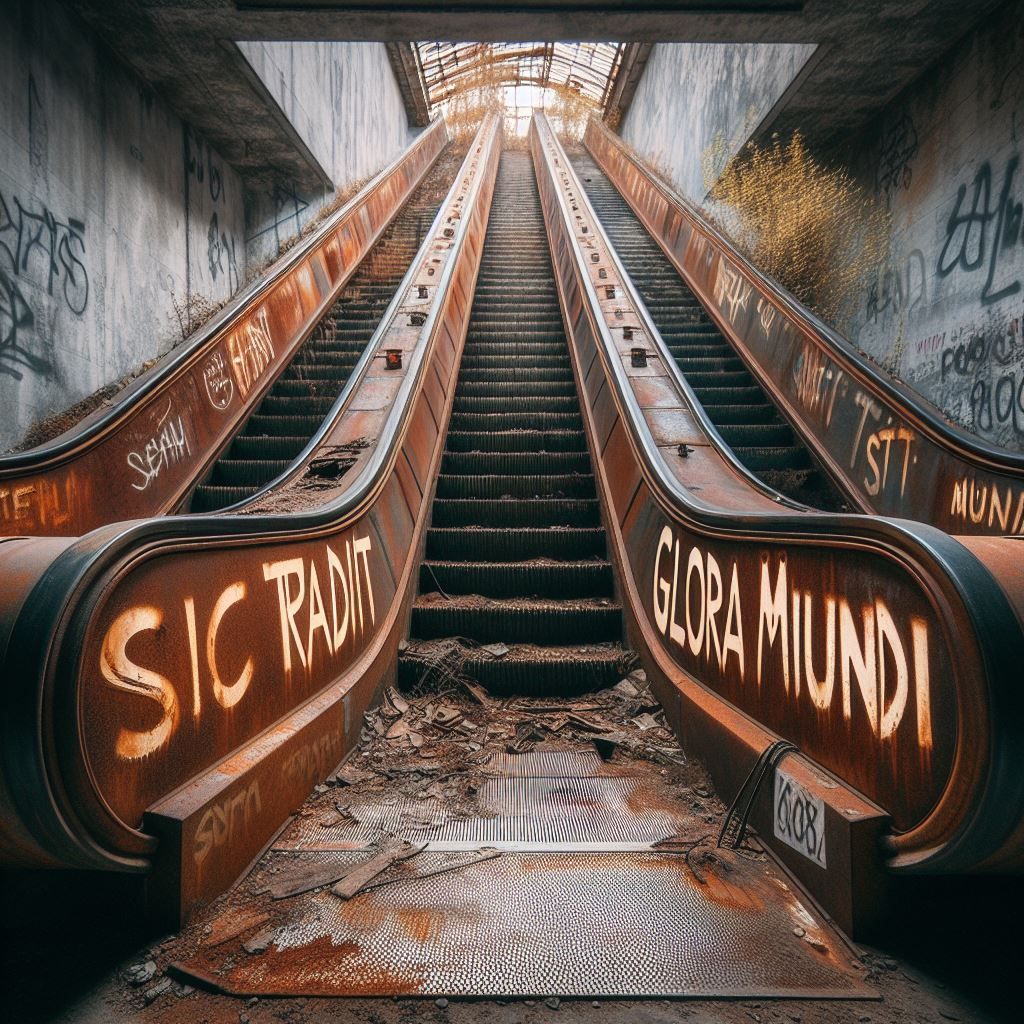 From busy to abandonned: a rusted escalator, tags
