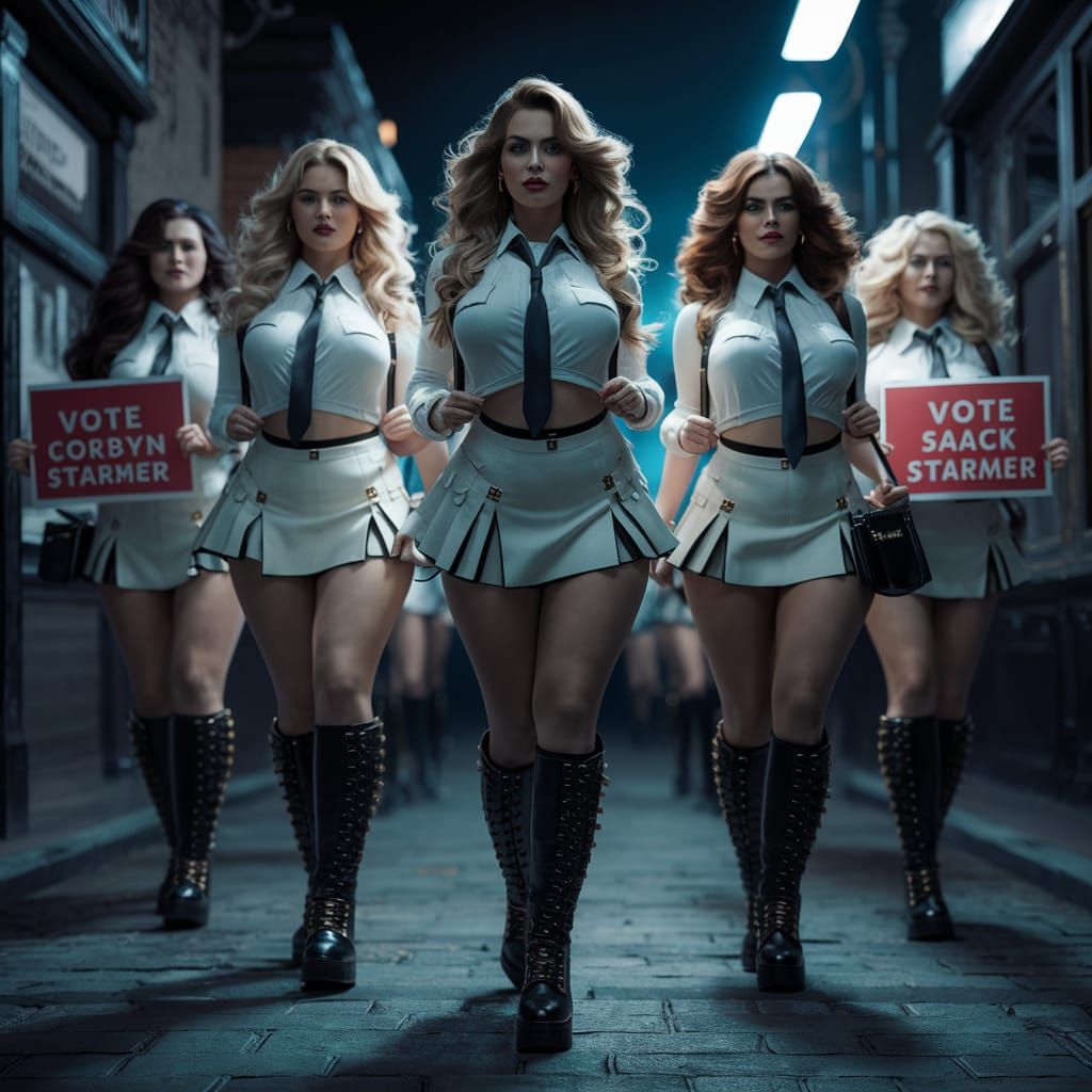Very voluptuous women in white blouses black ties, short ski...