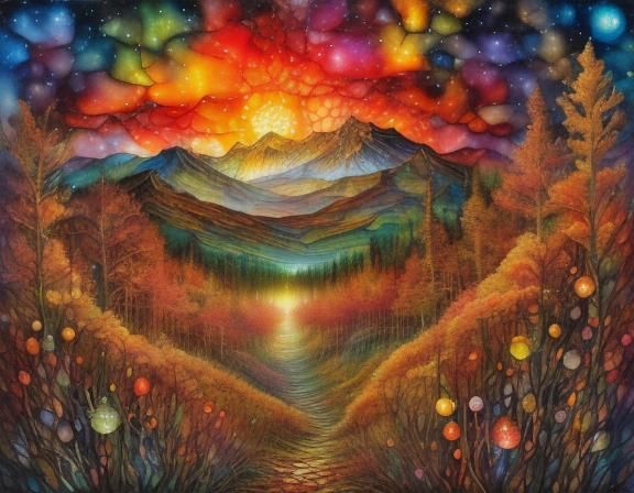 <lora:PR Stained Glass:1.0> City in flames, Hellscape Sunrise, High mixed media 3D en-caustic painting; double exposure over newsprint, scul...