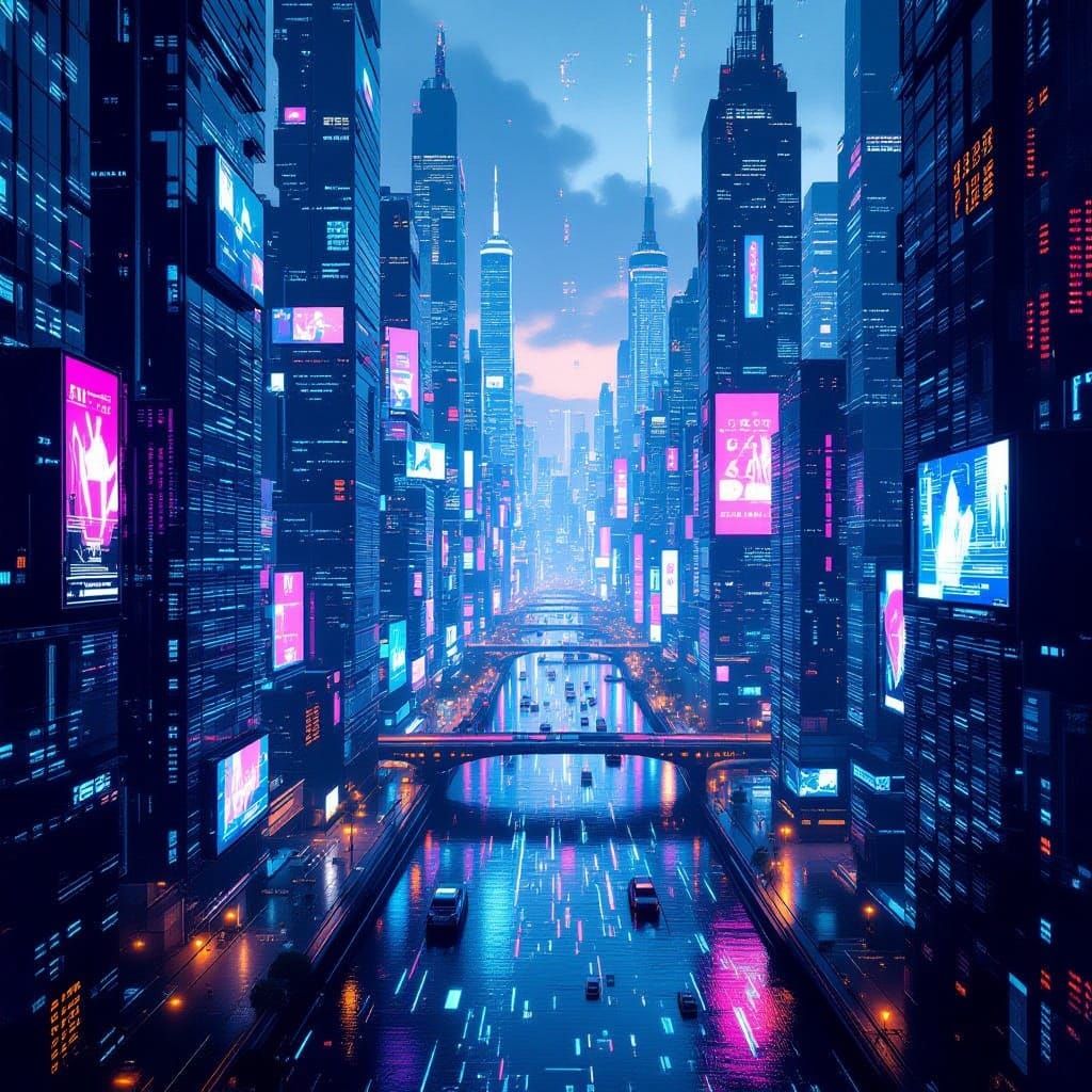 Futuristic Cityscape With Data Servers and Neon Glow