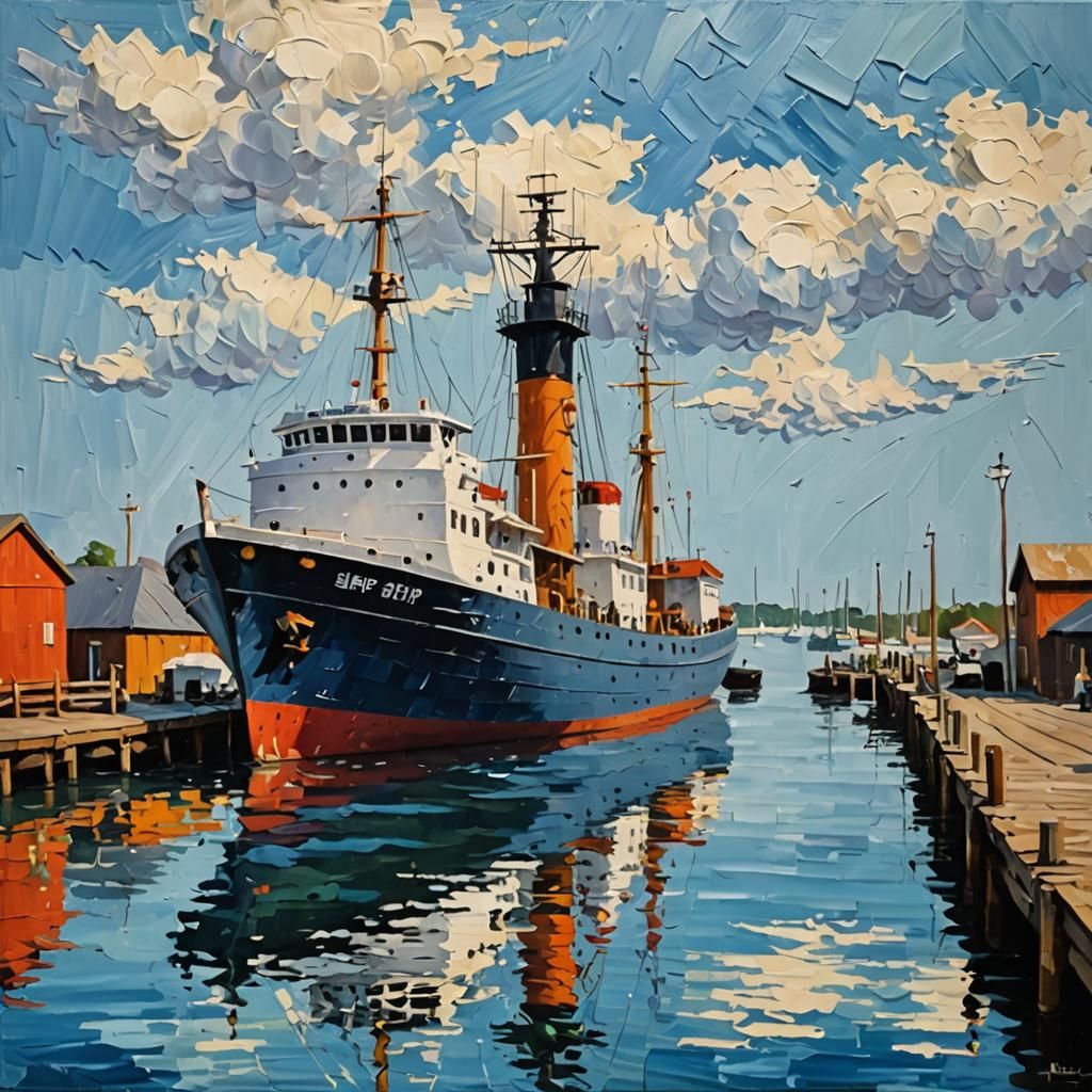 Impasto painting of ship at dock,  by @Xal