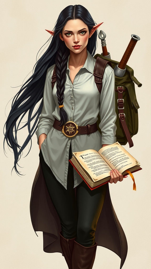 Tall high elf female. Long black hair in braid cascading dow...