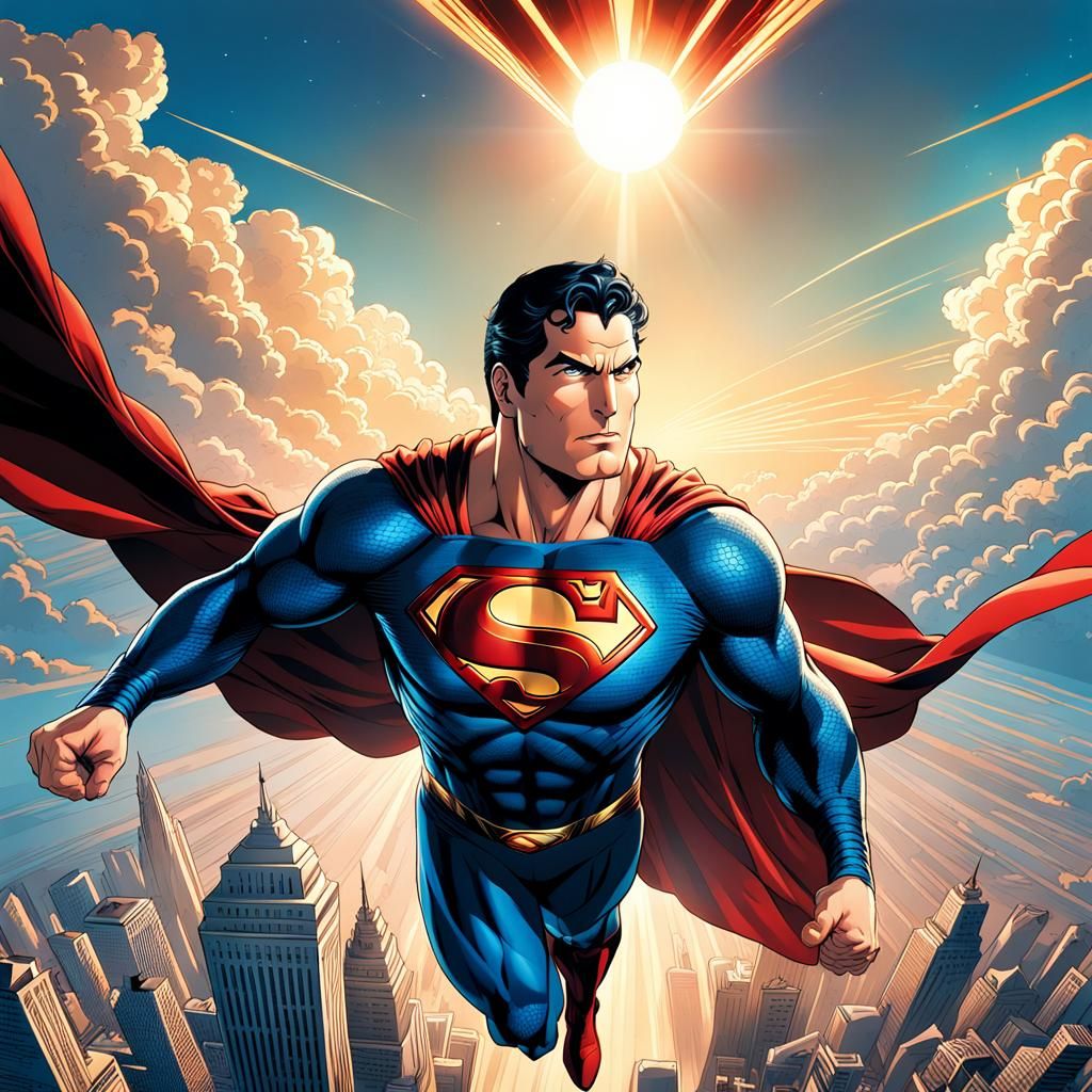 Manga version of Superman flying in a sunlit sky Epic cinematic ...