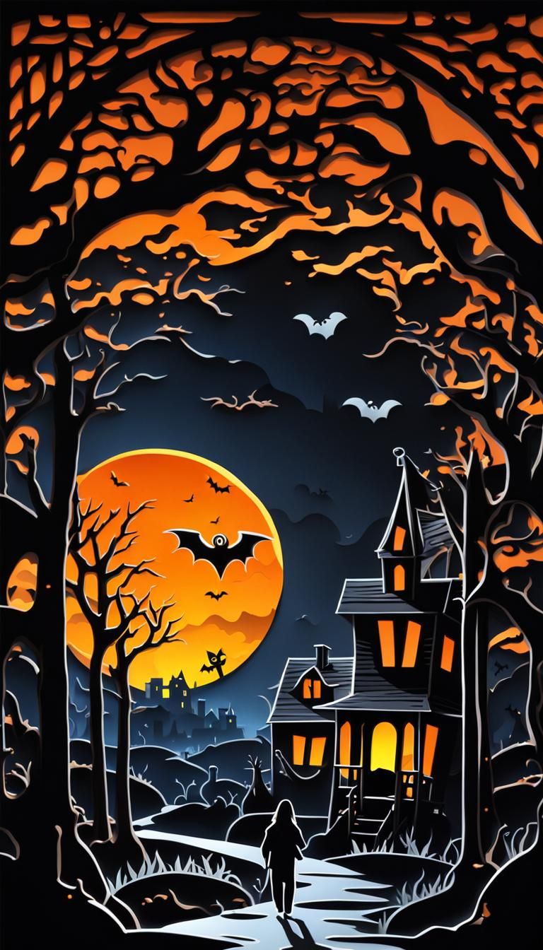 Halloween scene palette, Kirigami paper-cut style, intricate...