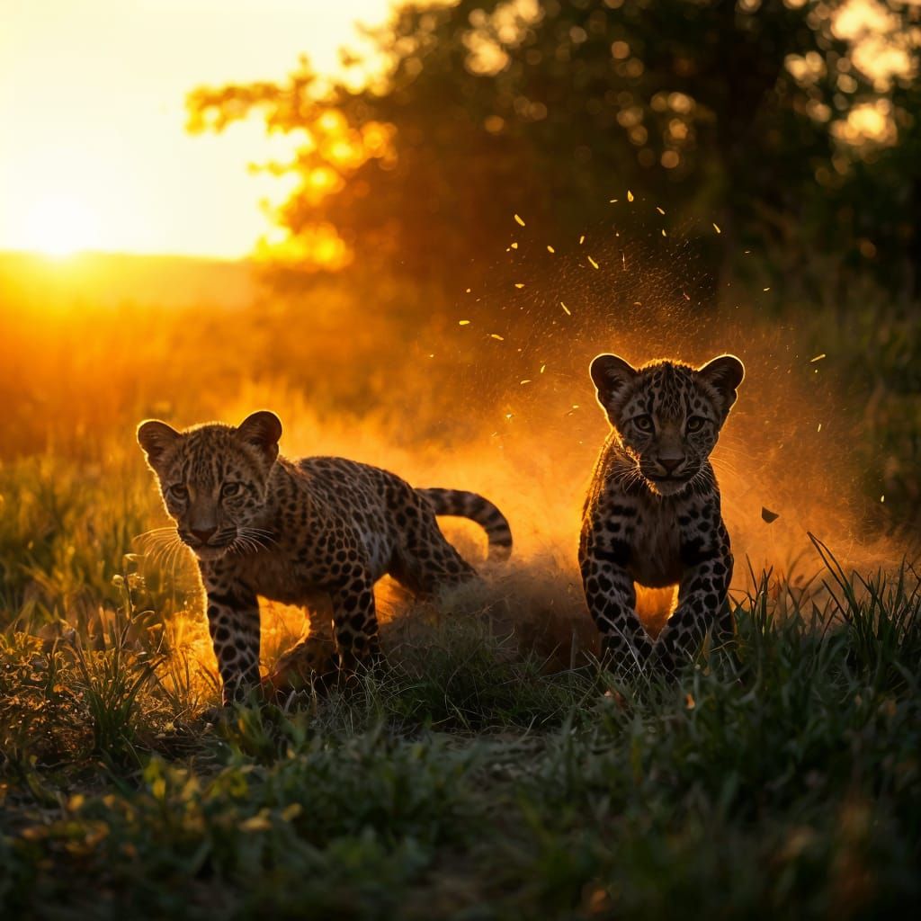 Black and Brown Leopard cubs playing Dust fireflies against ...