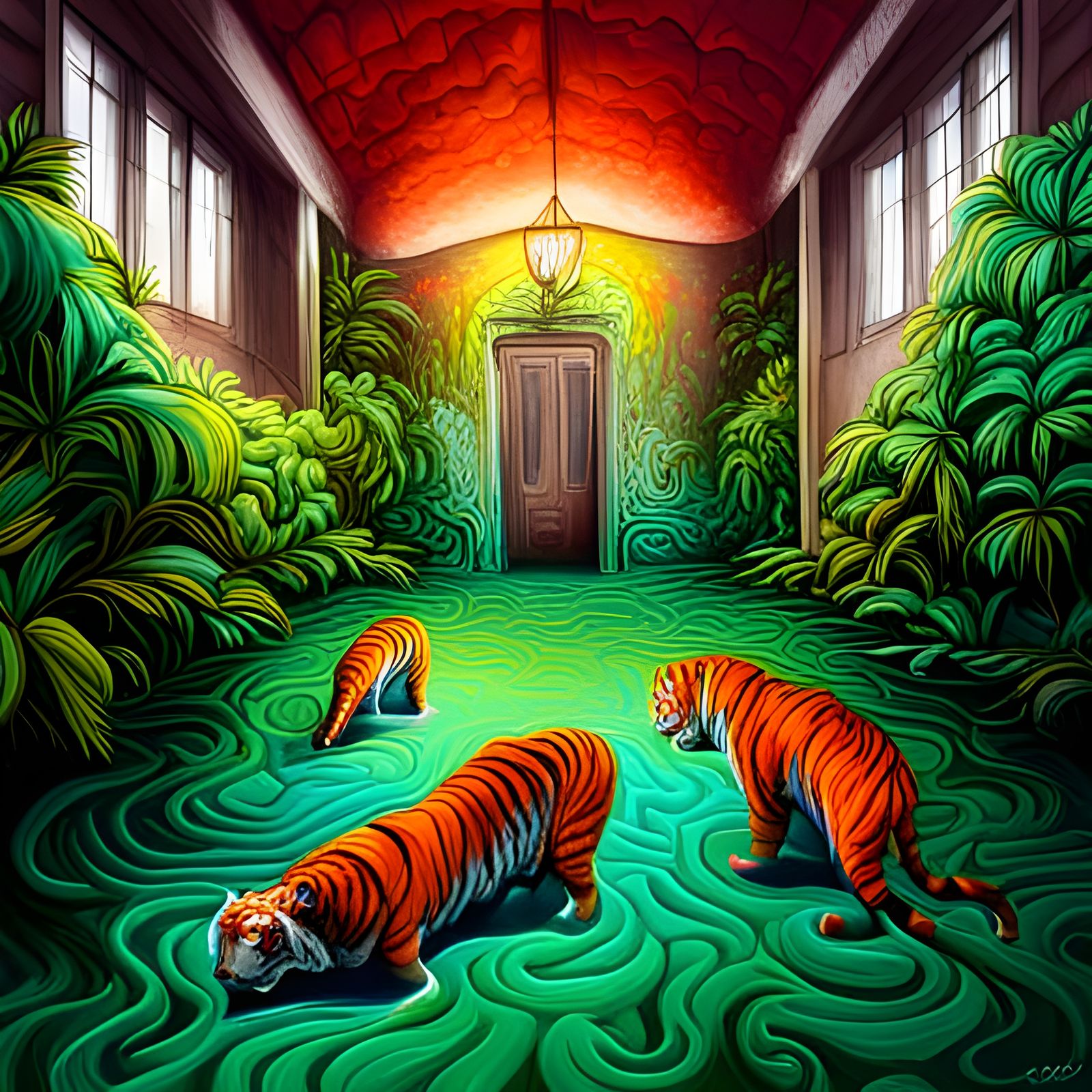 green  labyrinth and  3 Tigers roaming  inside it