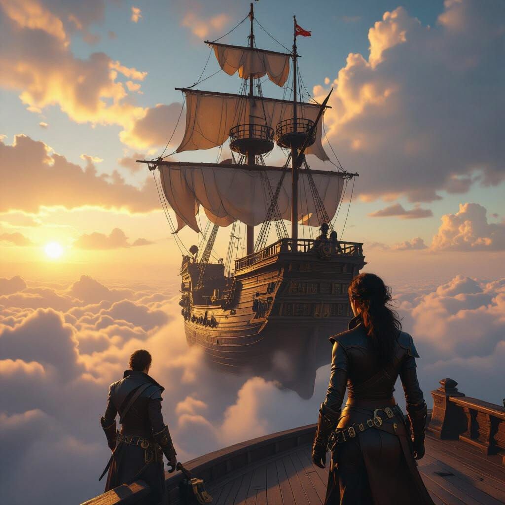 Pirate ship in the air, with adventurers