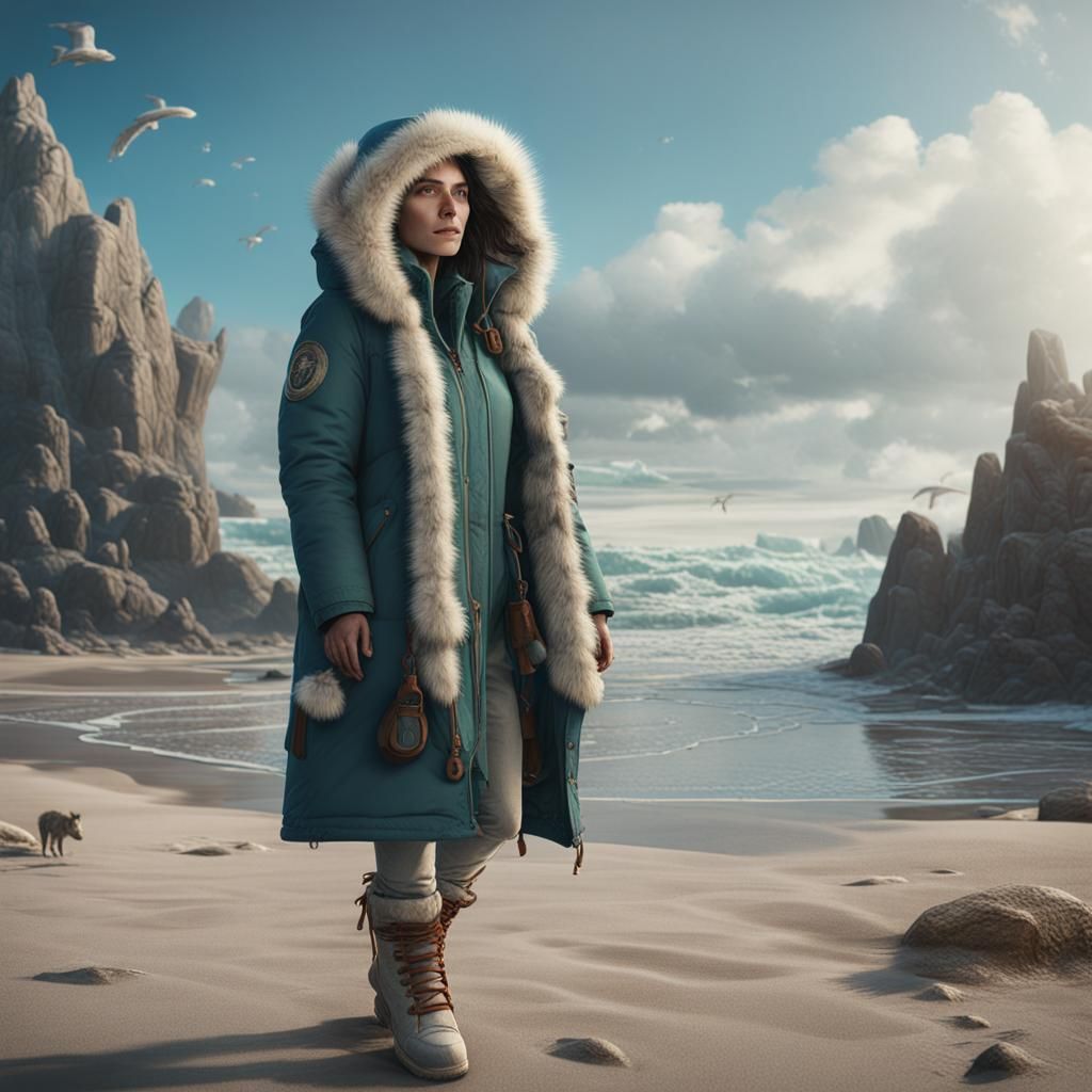 a woman wearing an Eskimo parka at the beach.