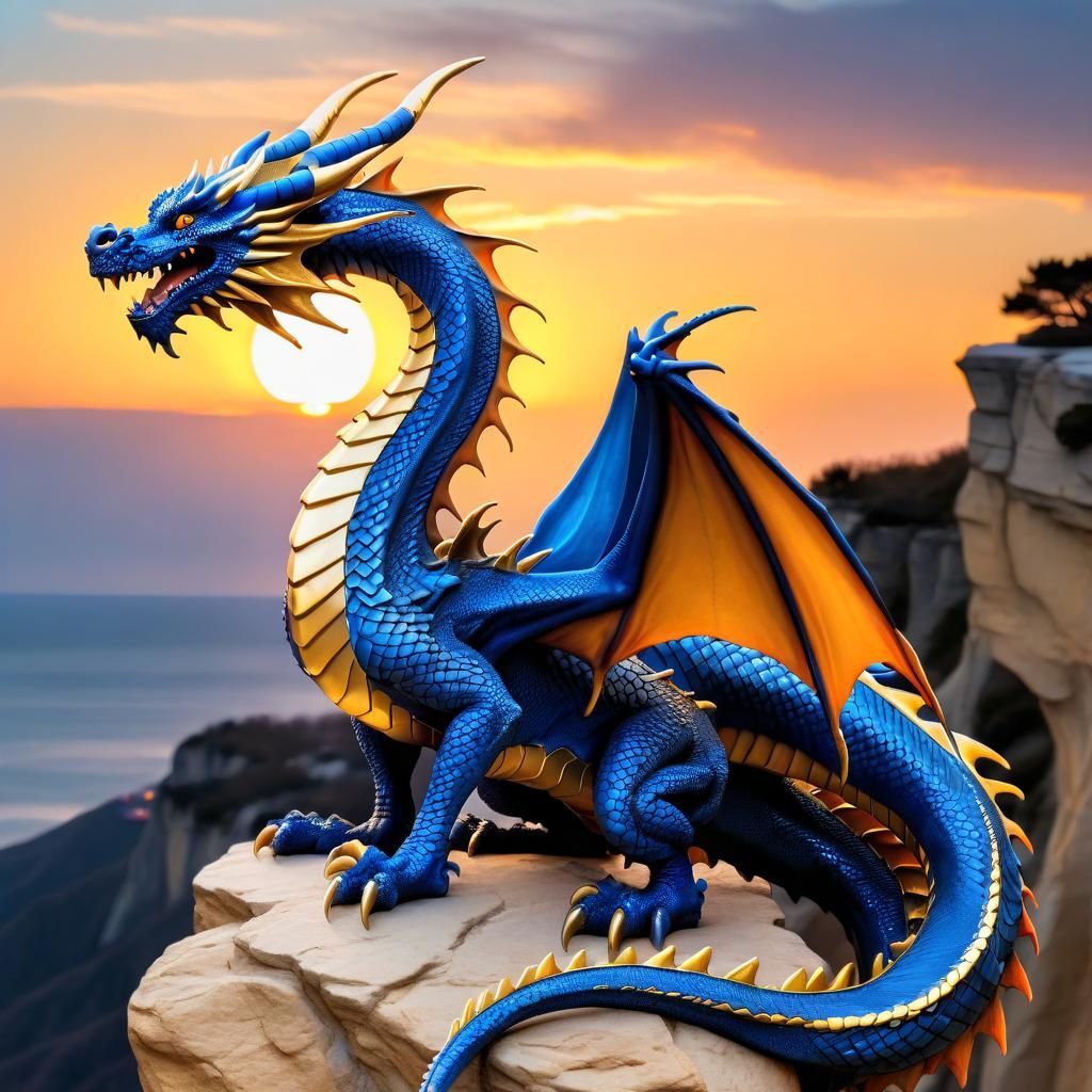 A majestic blue dragon with gold details, on a cliff, yellow...
