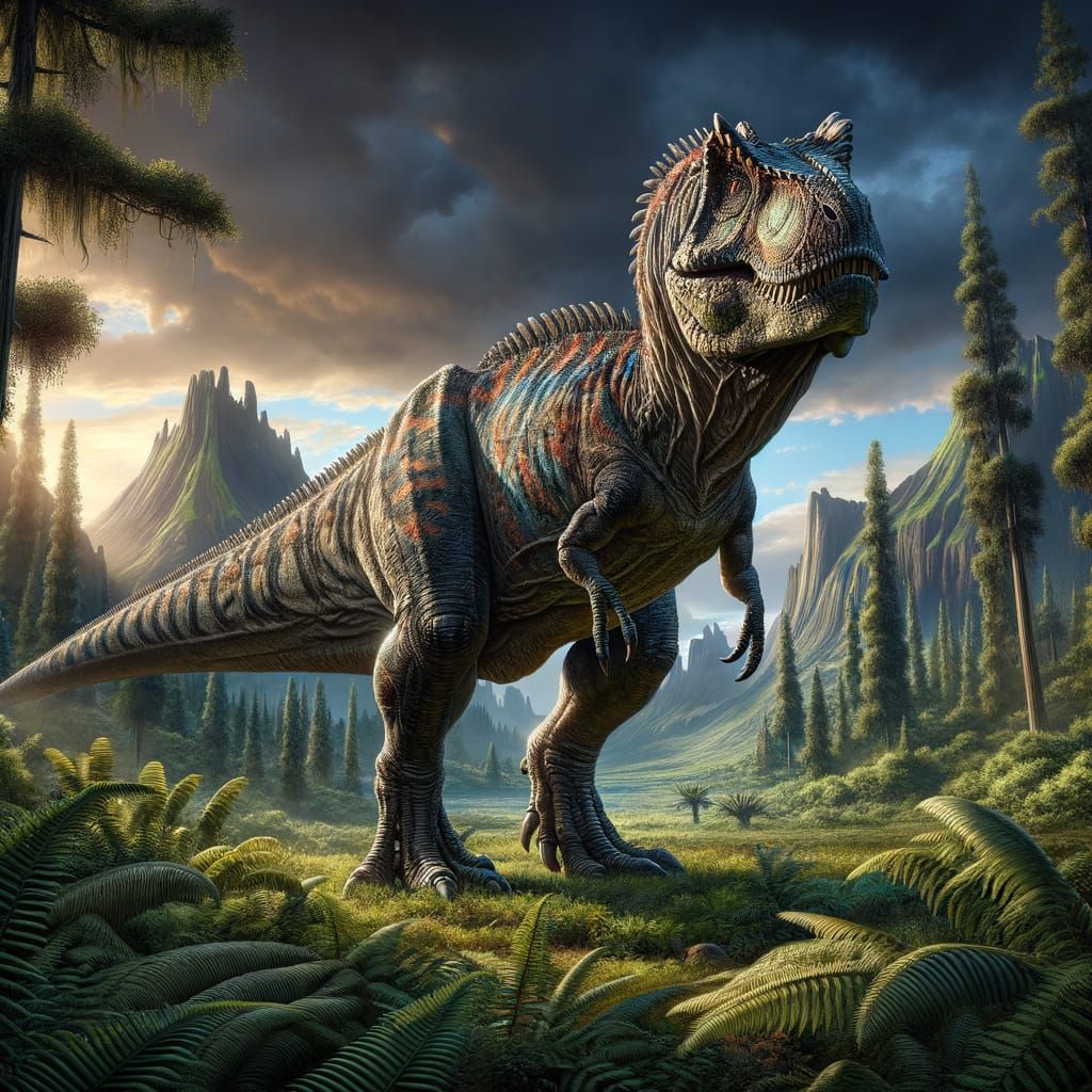 A powerful Allosaurus standing alert in a lush Jurassic landscape, its scaly body patterned with bold ...  by @Eve