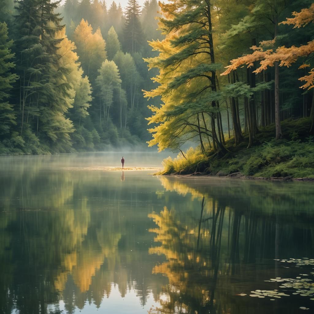 Dreamy Forest Lake in Watercolor Style