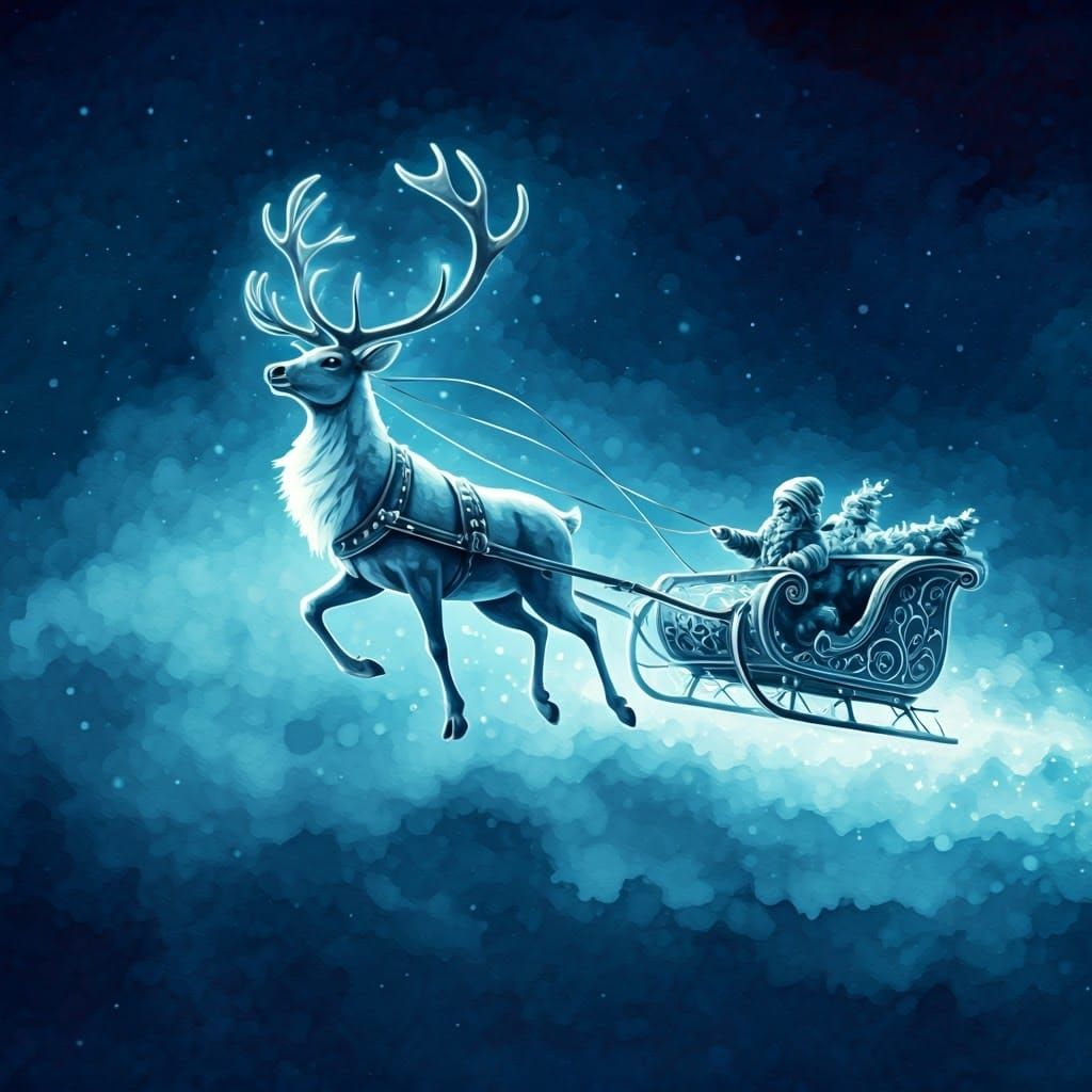 Reindeer pulling a flying sleigh across a starry sky  by @Kallistratia