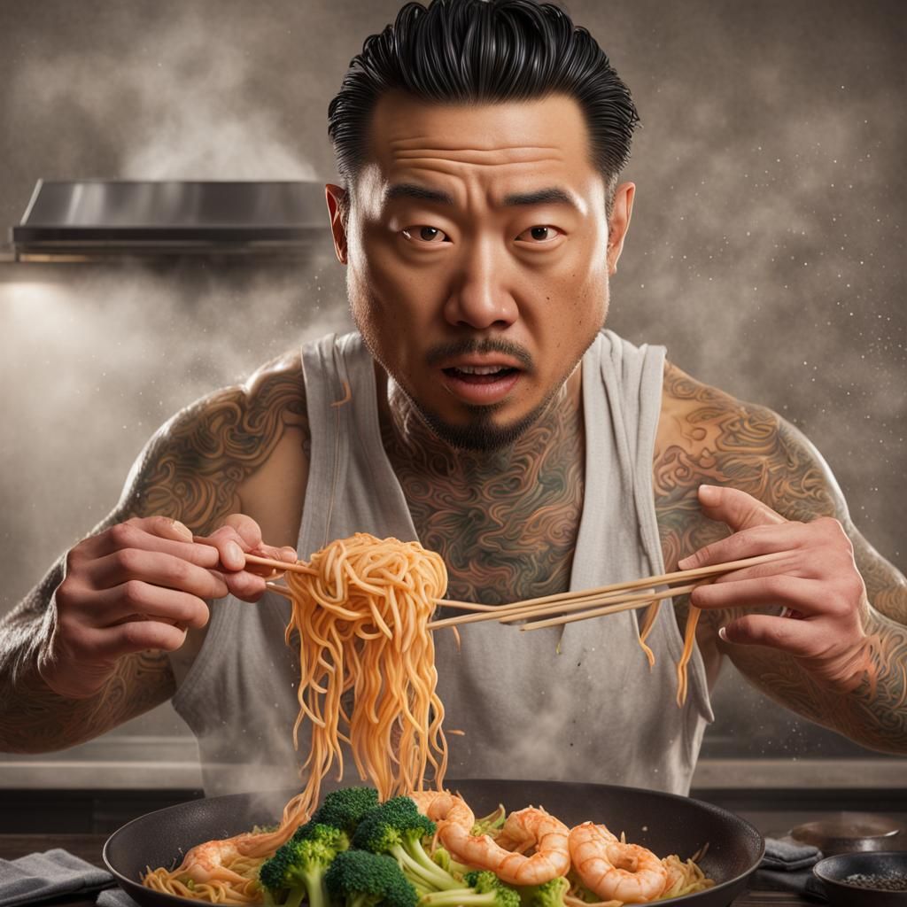 Cooking Shrimp Lo Mein With Broccoli Hyperrealistic, Splash Art 