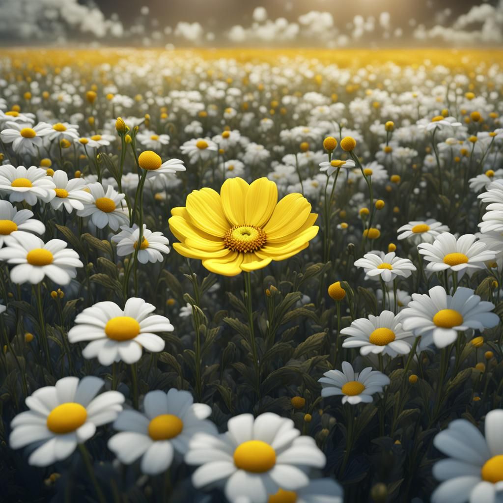 a bright yellow flower in a field of white flowers